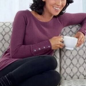 CHASER Large Mulberry Wine Maroon Waffle Knit Button Cuff Thermal Layering Top